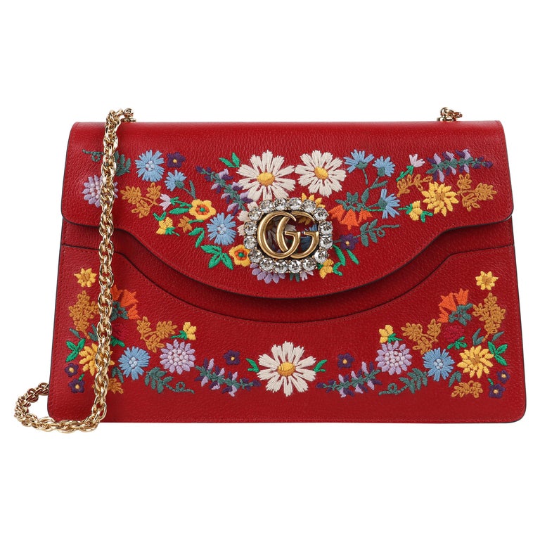GUCCI Cruise 2018 “Linea Ricami” Red Floral Cat Crystal GG Large Shoulder  Bag