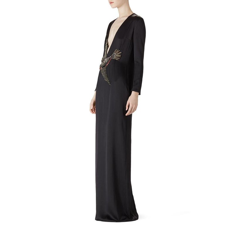 GUCCI Crystal Bird Embellished Black Silk Gown IT40 US 2-4 In New Condition For Sale In Brossard, QC