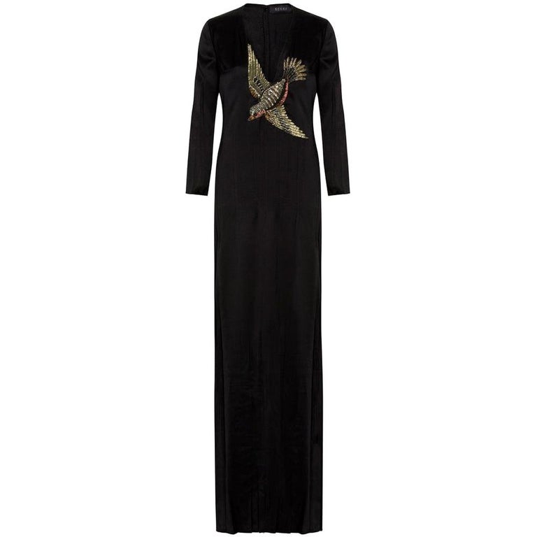GUCCI Crystal Bird Embellished Black Silk Gown IT40 US 2-4 For Sale