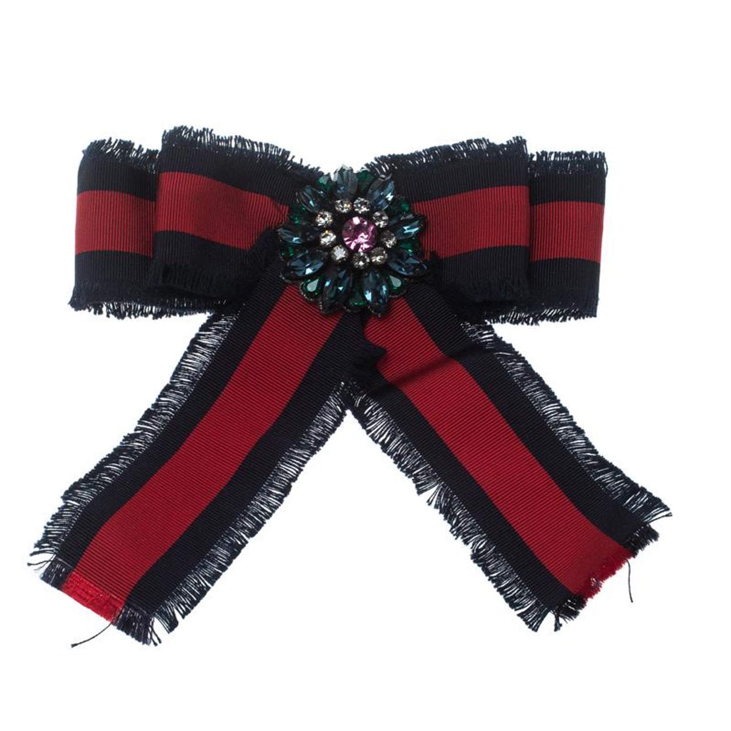 Gucci Crystal Blue and Red Web Grosgrain Frayed Bow Brooch at 1stDibs | gucci  bow brooch outfit