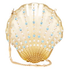 Gucci Crystal Blue Sea Shell Gold Kisslock Logo Evening Shoulder Clutch Bag