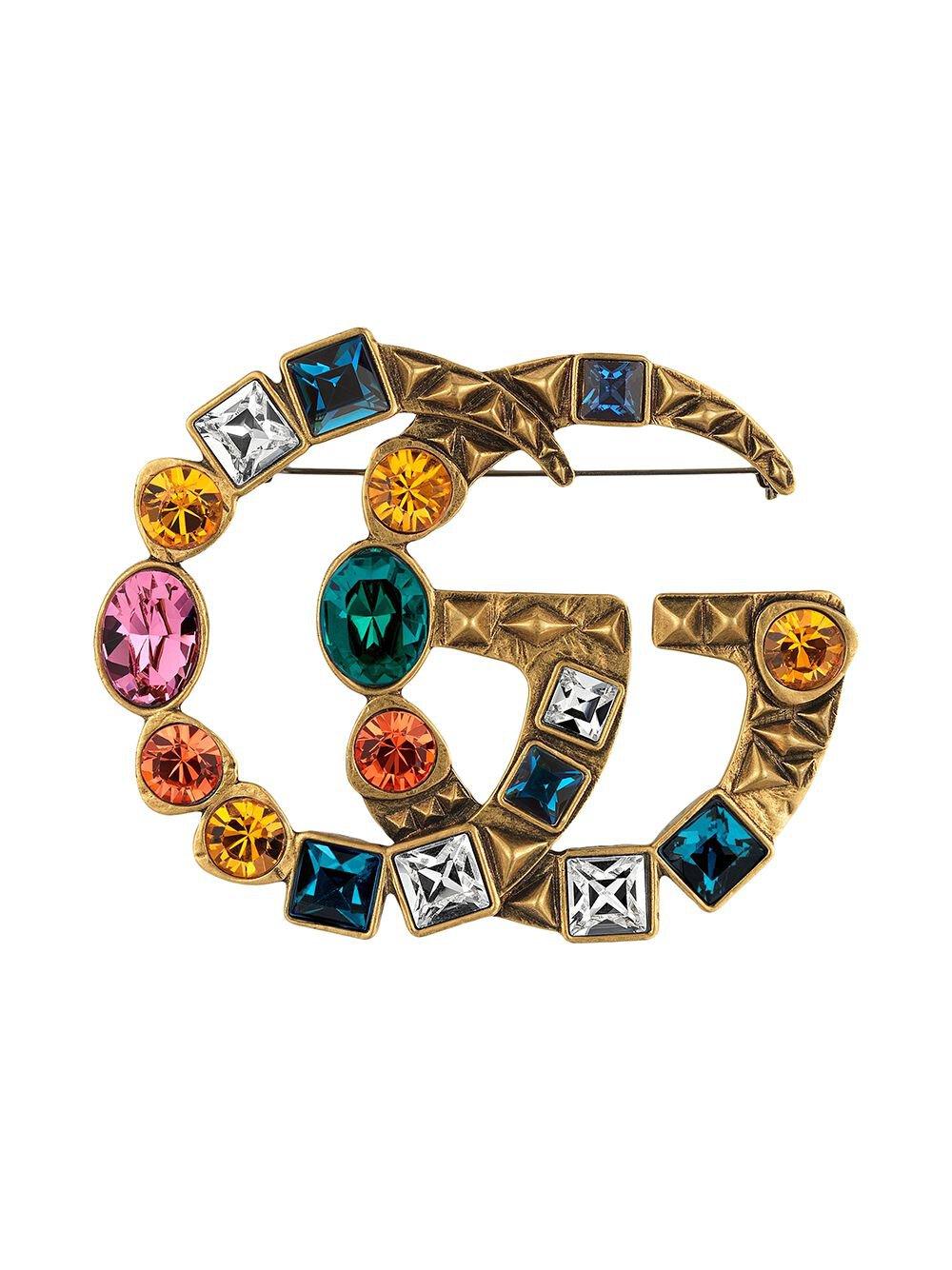 gucci metal double g brooch with crystals