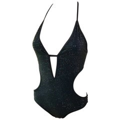 Gucci Crystal Embellished Cutout Black One Piece Bodysuit Swimsuit Swimwear
