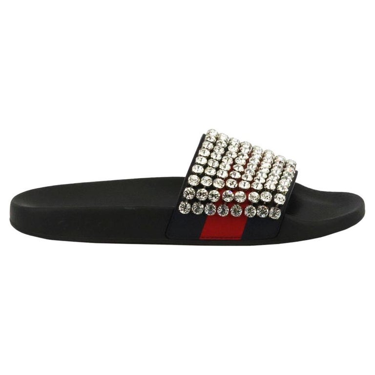 Gucci Crystal Embellished Leather And Rubber Slides EU 39 UK 6 US 9 at  1stDibs | gucci crystal rubber slide, gucci diamond sandals, fake gucci  slides vs real