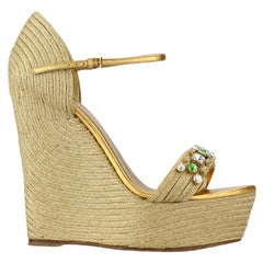 Gucci Crystal Embellished Leather Espadrille Wedge Sandals Eu 39 Uk 6 Us 9