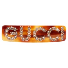 Gucci Crystal Embellished Logo Tortoiseshell Hair Clip