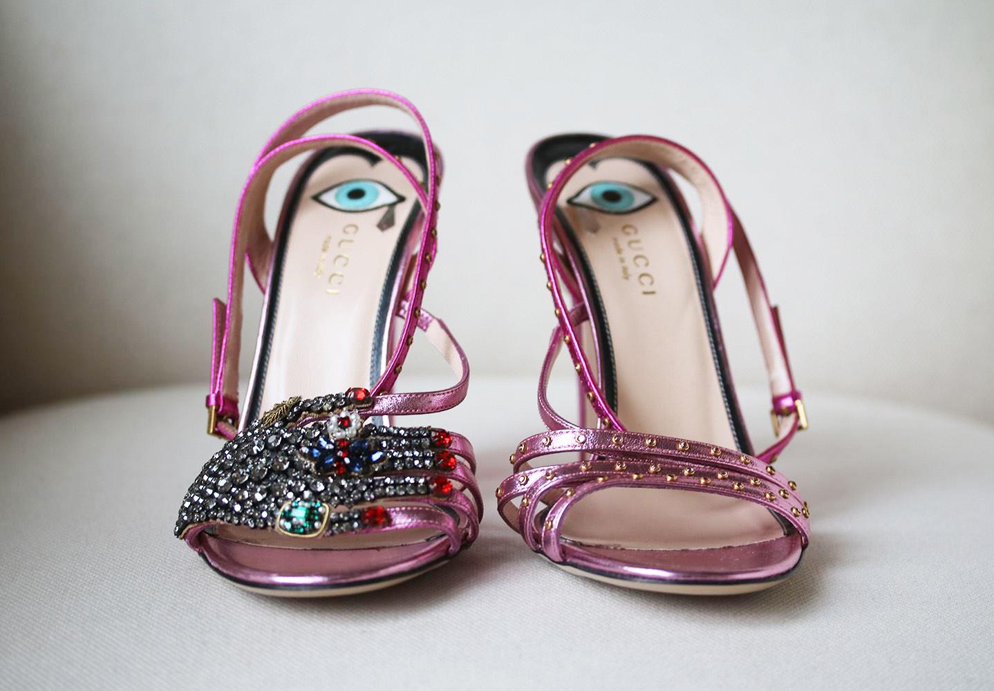 gucci crystal-embellished metallic leather sandals