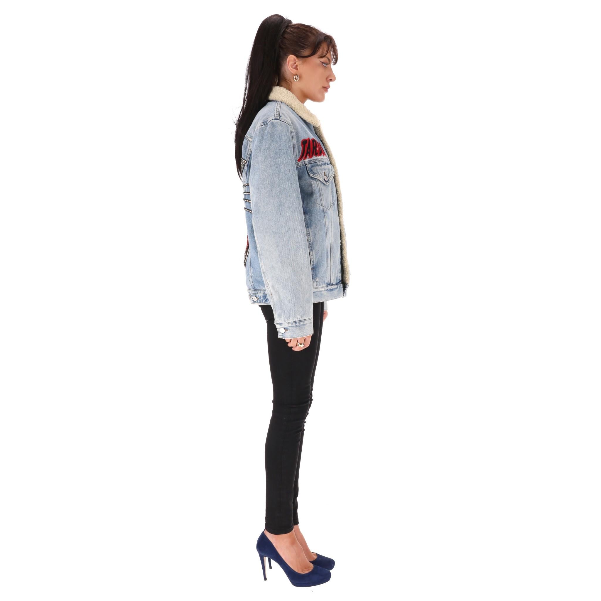 Gray Gucci Crystal Embellished Shearling/Denim Jacket For Sale