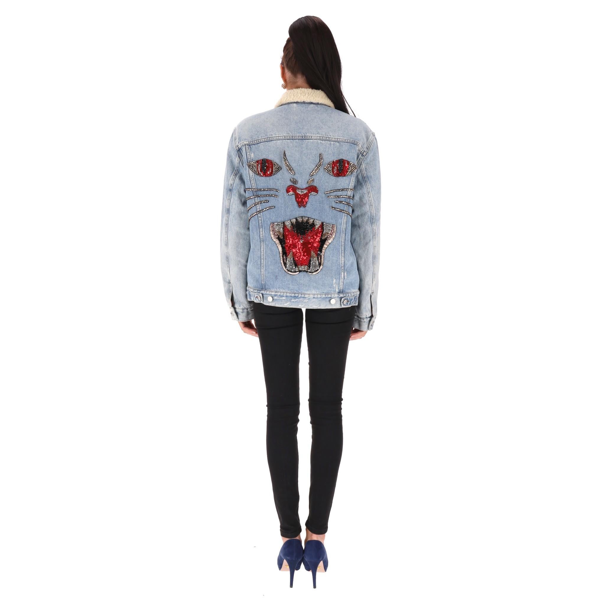 Gucci Crystal Embellished Shearling/Denim Jacket In Excellent Condition For Sale In London, GB