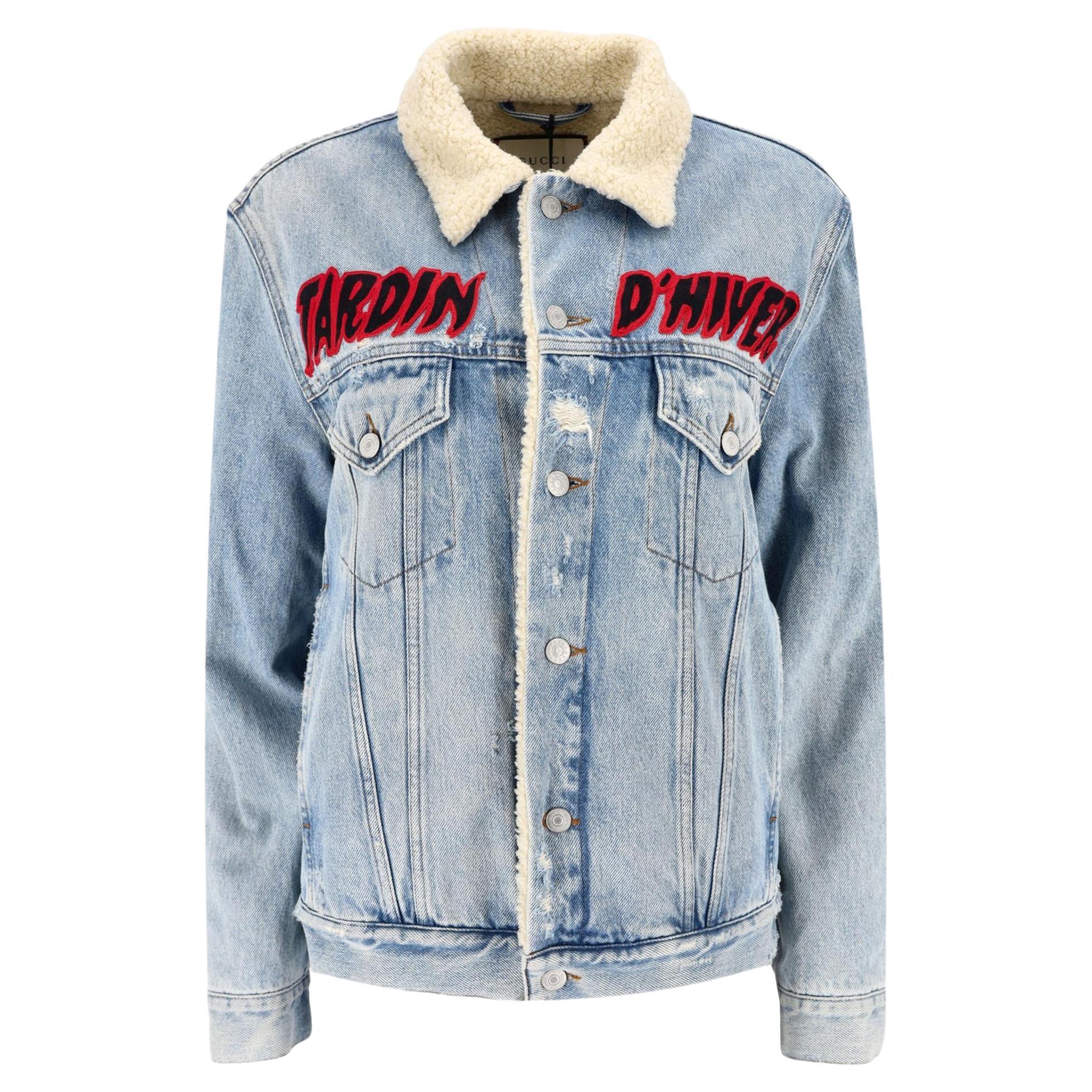 Gucci Crystal Embellished Shearling/Denim Jacket For Sale