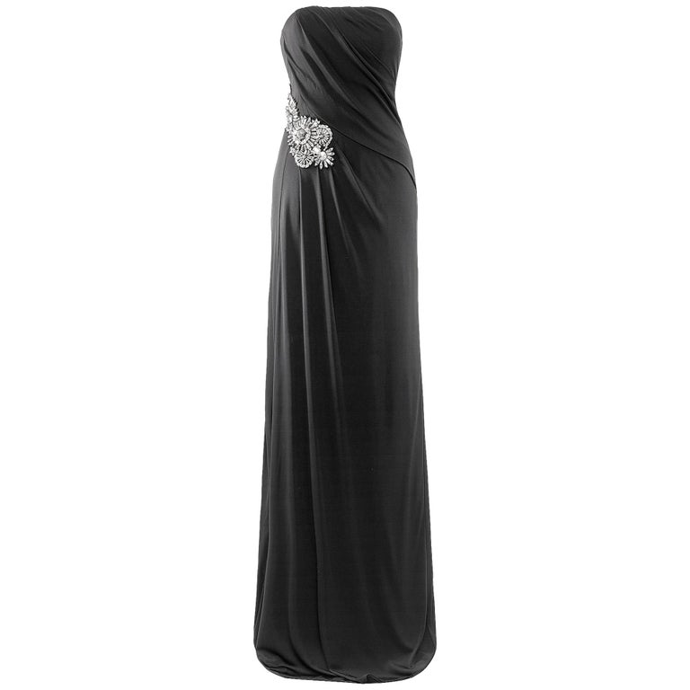 Gucci Crystal Embellished Strapless Long Black Dress For Sale at 1stDibs
