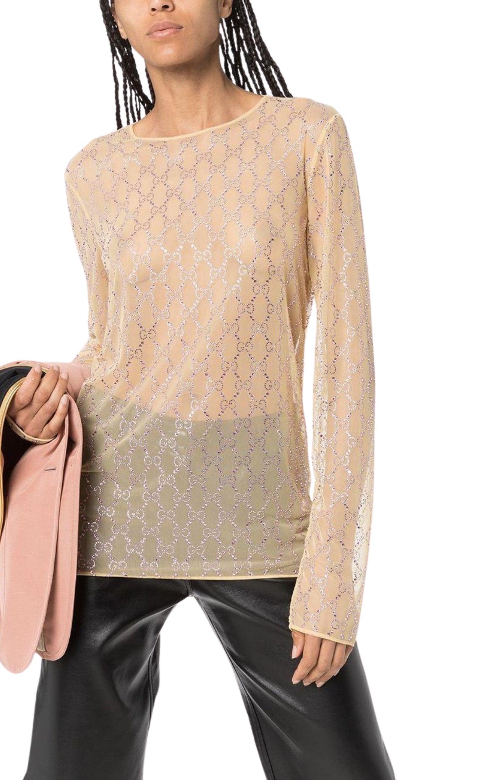 White Gucci Crystal Embroidered Sheer Tulle Top Size L For Sale