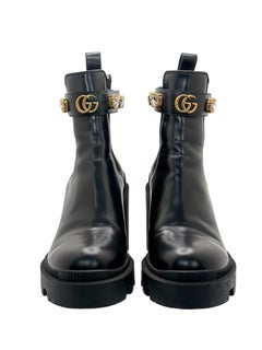 Gucci Crystal GG Embellished Leather Chelsea Lug Boots Size 37