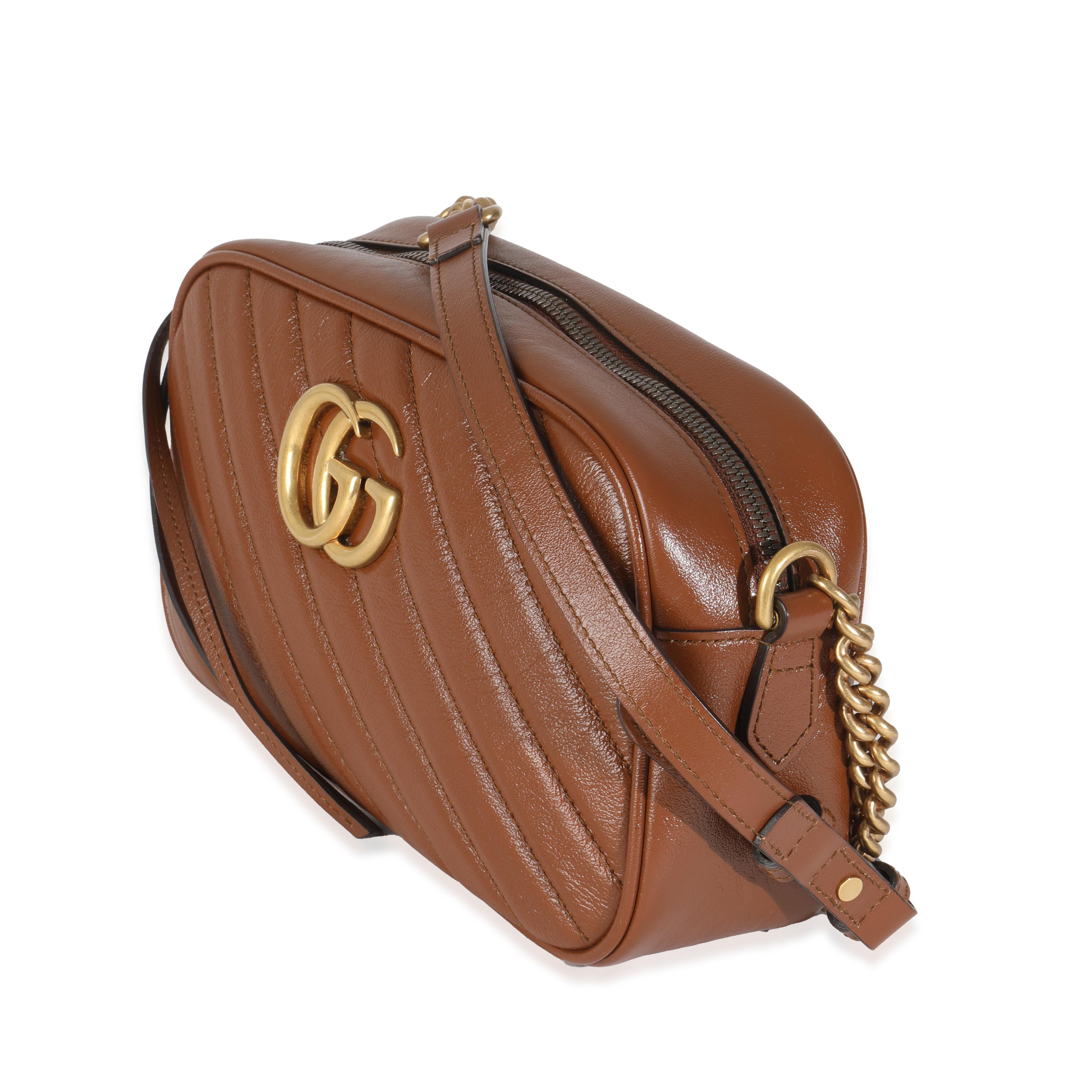 Brown Gucci Cuir Glazed Calfskin Matelasse Diagonal Small GG Marmont Shoulder Bag