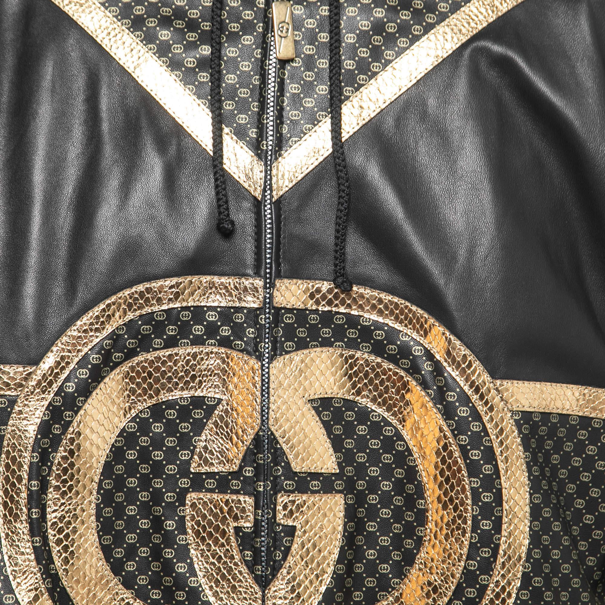 Gucci Dapper Dan Black & Gold Leather Logoed Hooded Jacket M In Excellent Condition For Sale In Dubai, Al Qouz 2