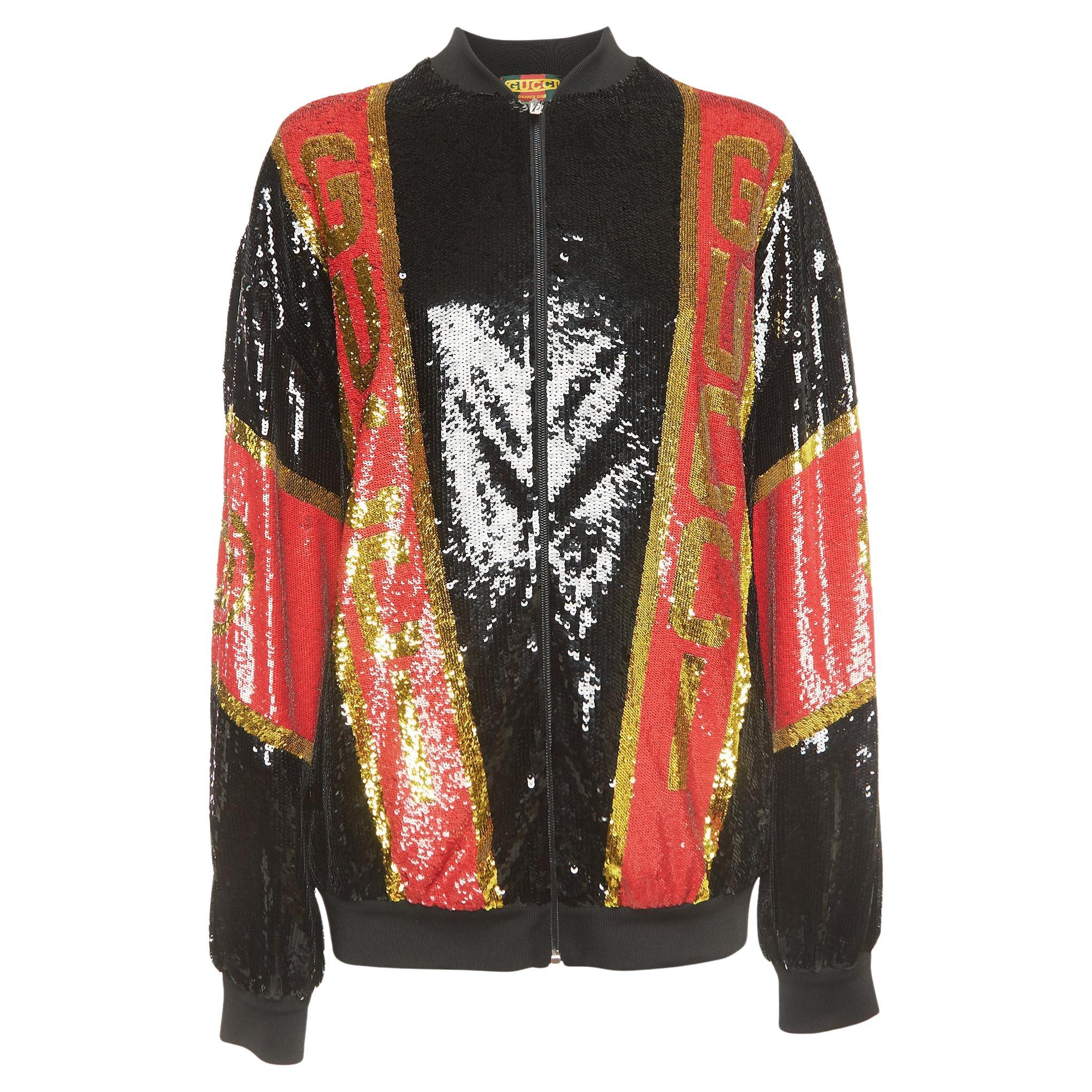 Gucci Dapper Dan Black/Red Logo Motif Sequin Bomber Jacket S For Sale