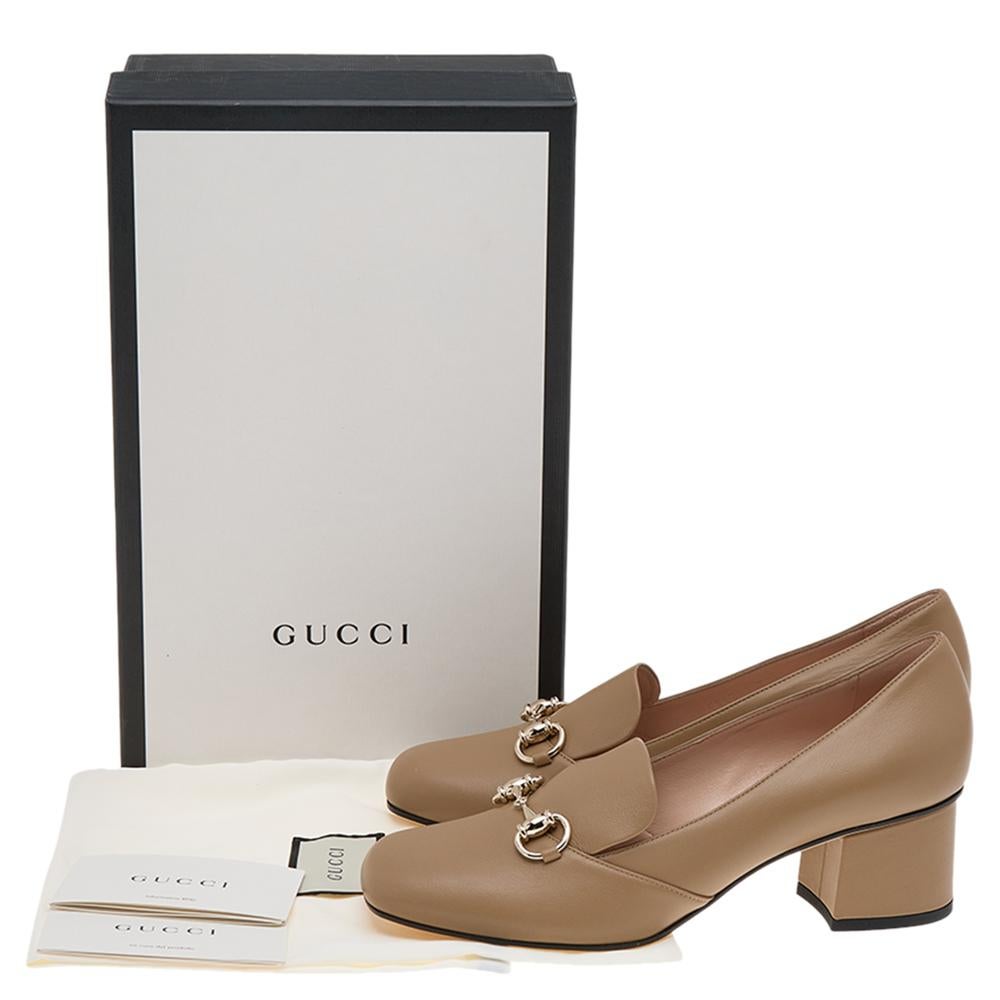 Gucci Dark Beige Leather Horsebit Block Heel Loafer Pumps Size 38.5 1