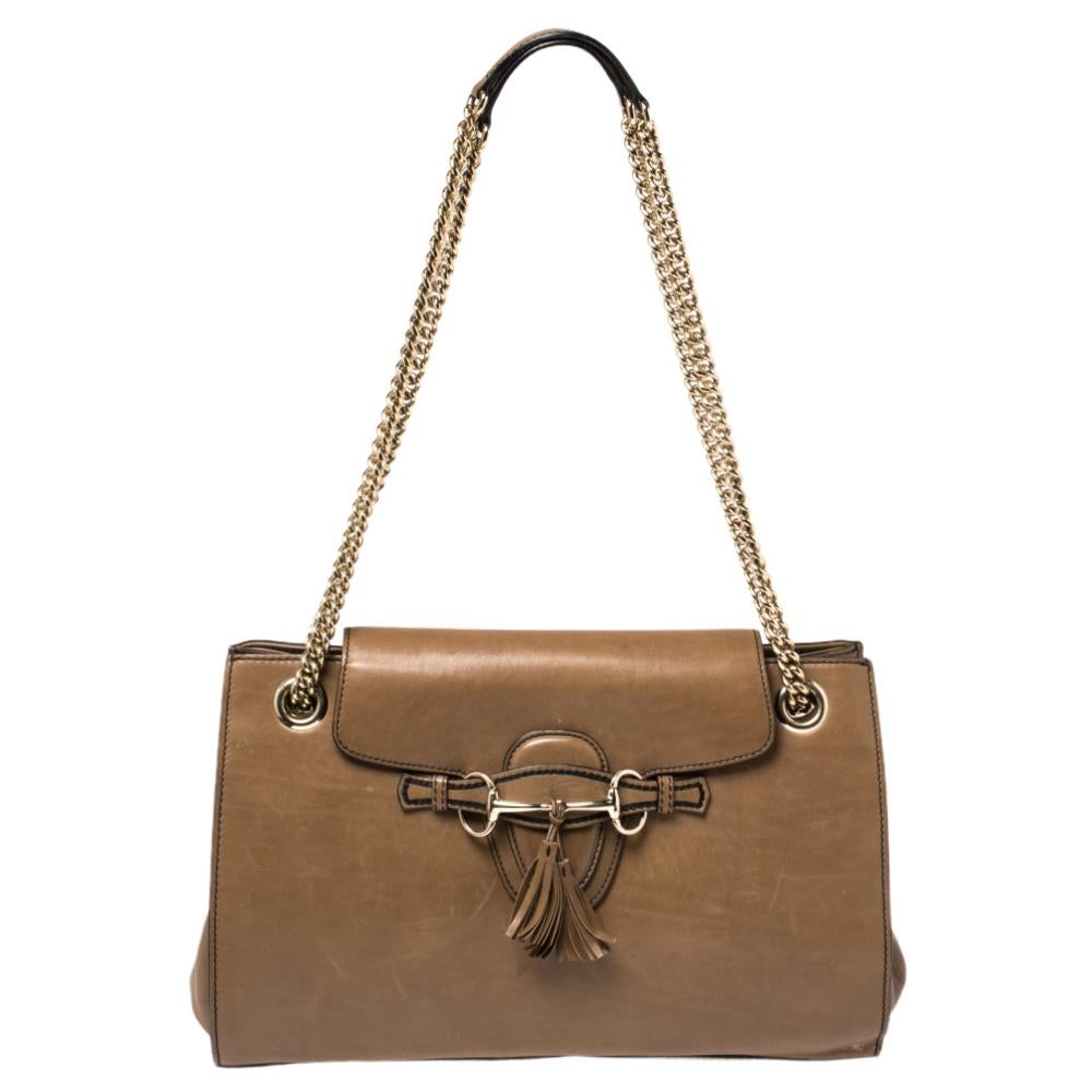 Gucci Dunkel Beige Leder Große Emily Umhängetasche mit Kette