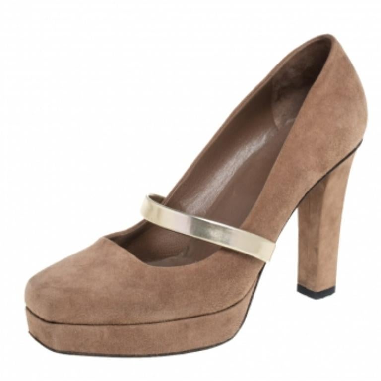 Women's Gucci Dark Beige Suede Mary Jane Platform Pumps Size 38