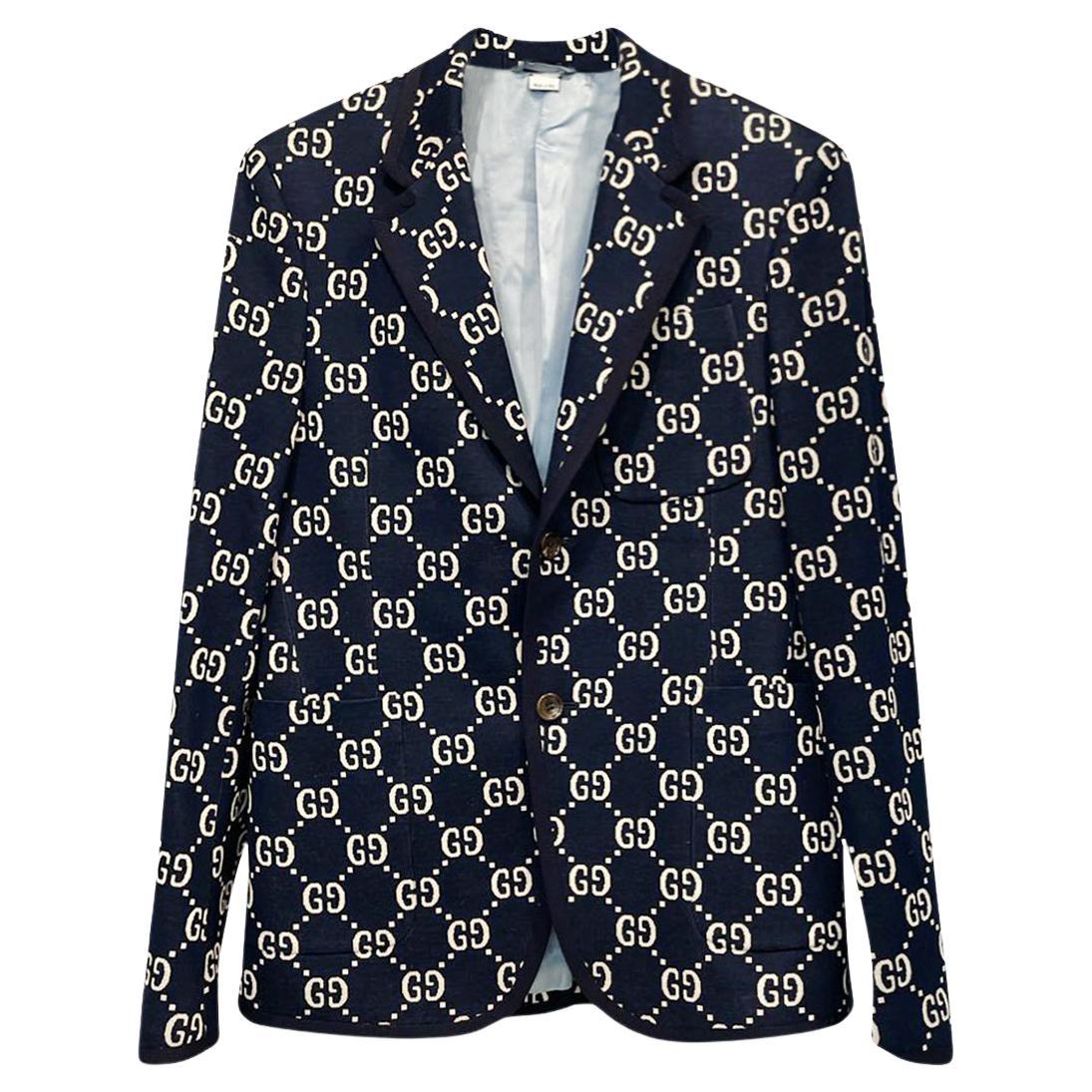 GUCCI DARK BLUE COTTON SUPREME SINGLE-BREASTED JACKET with GG PRINT size EU  44 For Sale at 1stDibs