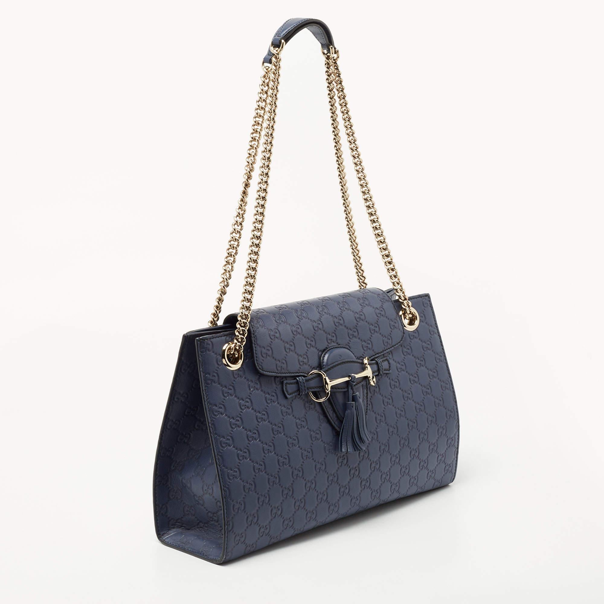 Women's Gucci Dark Blue Guccissima Leather Large Emily Chain Shoulder Bag