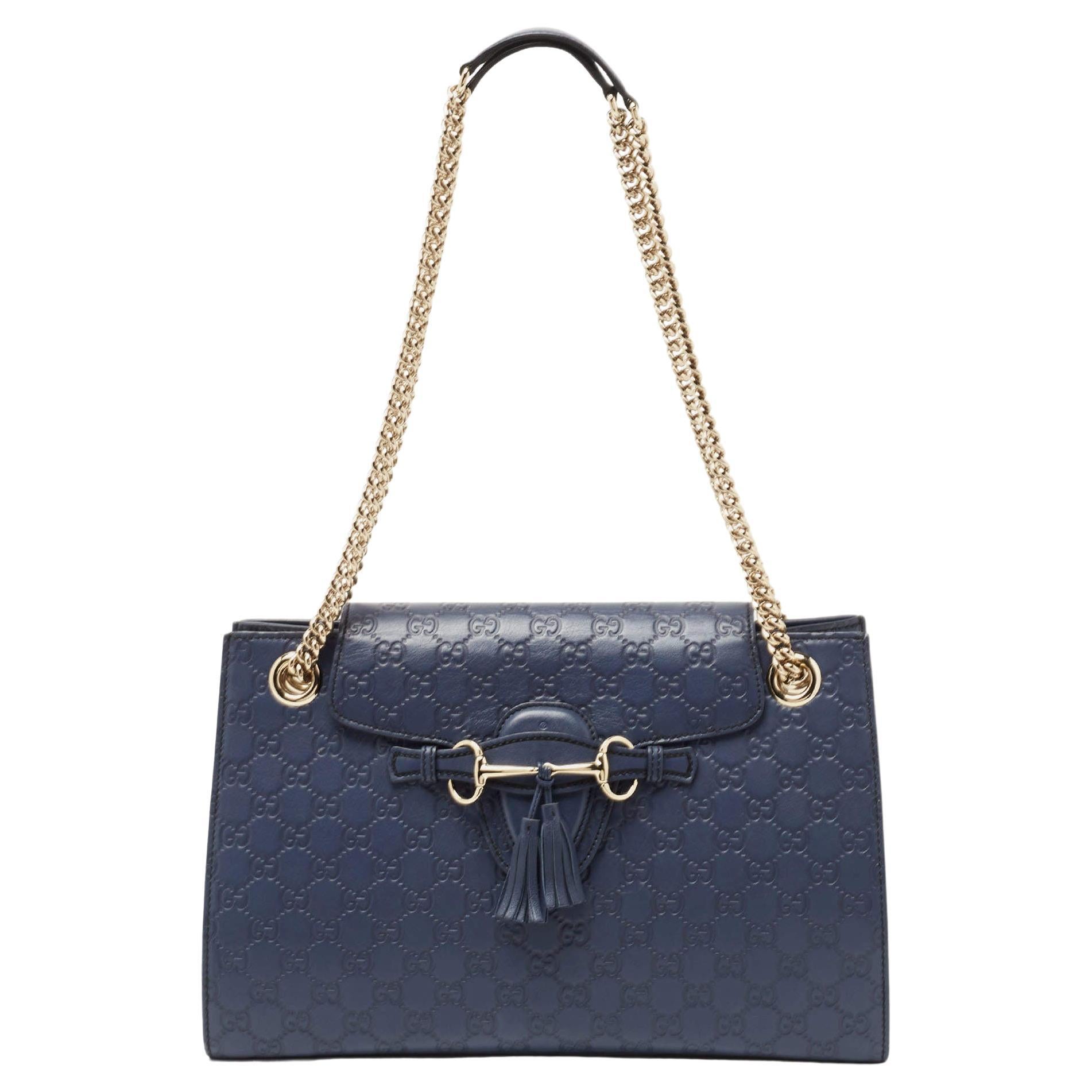 Gucci Dark Blue Guccissima Leather Large Emily Chain Shoulder Bag