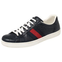 Gucci Dark Blue Guccissima Leather Web Detail Ace Sneakers Size 41