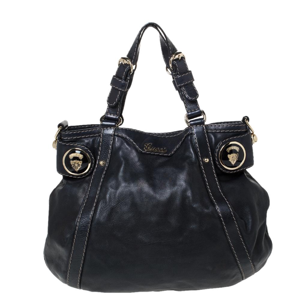 Gucci Dark Blue Leather Crest Embellished Shoulder Bag For Sale at 1stDibs