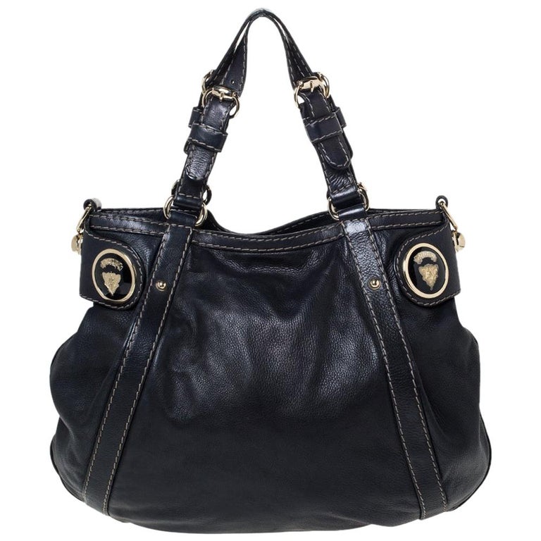 Gucci Dark Blue Leather Crest Embellished Shoulder Bag For Sale at 1stDibs