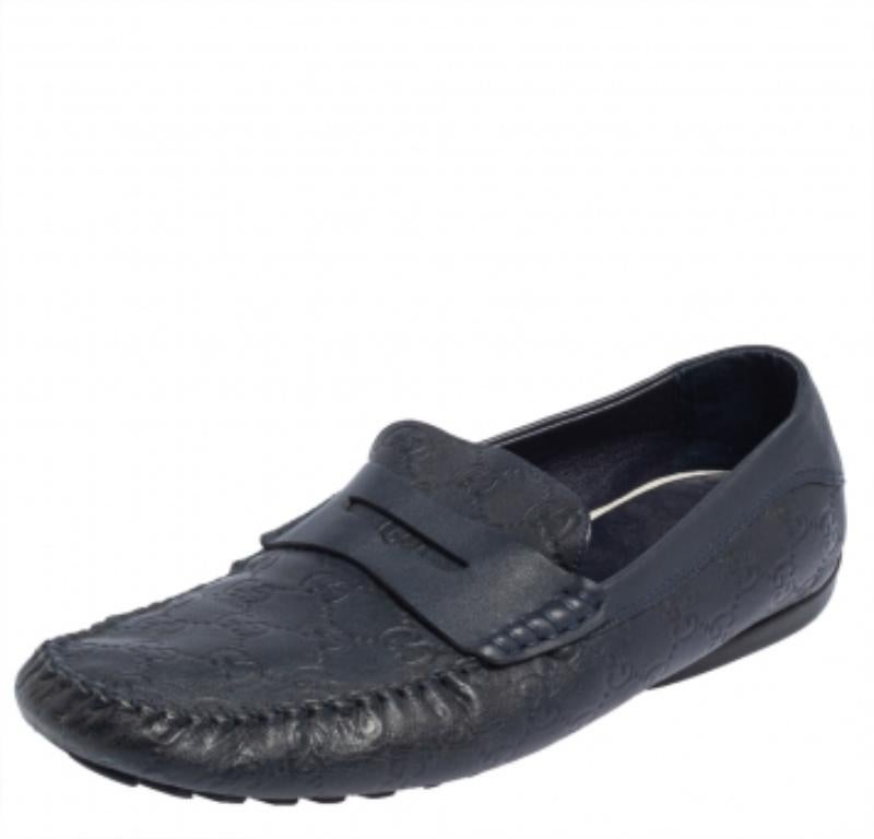 Black Gucci Dark Blue Leather Penny Slip On Loafers Size 44.5 For Sale