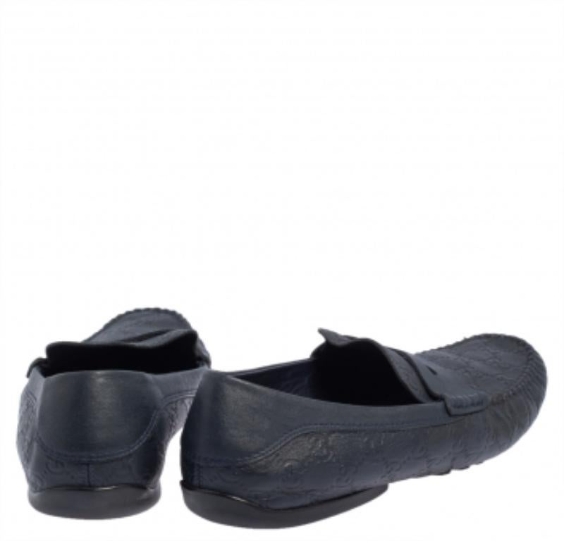 Men's Gucci Dark Blue Leather Penny Slip On Loafers Size 44.5 For Sale