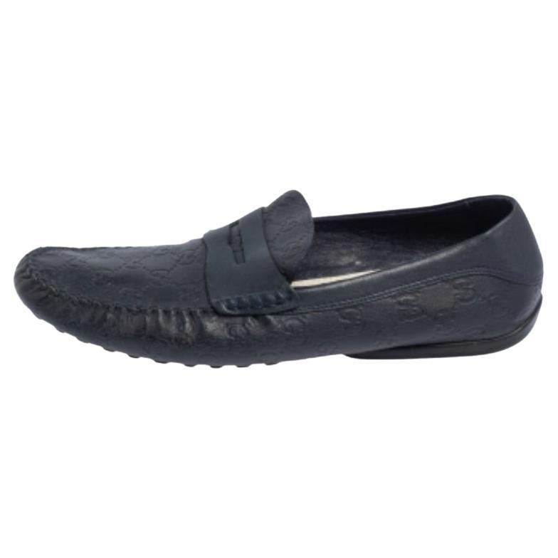 Gucci Dark Blue Leather Penny Slip On Loafers Size 44.5 For Sale