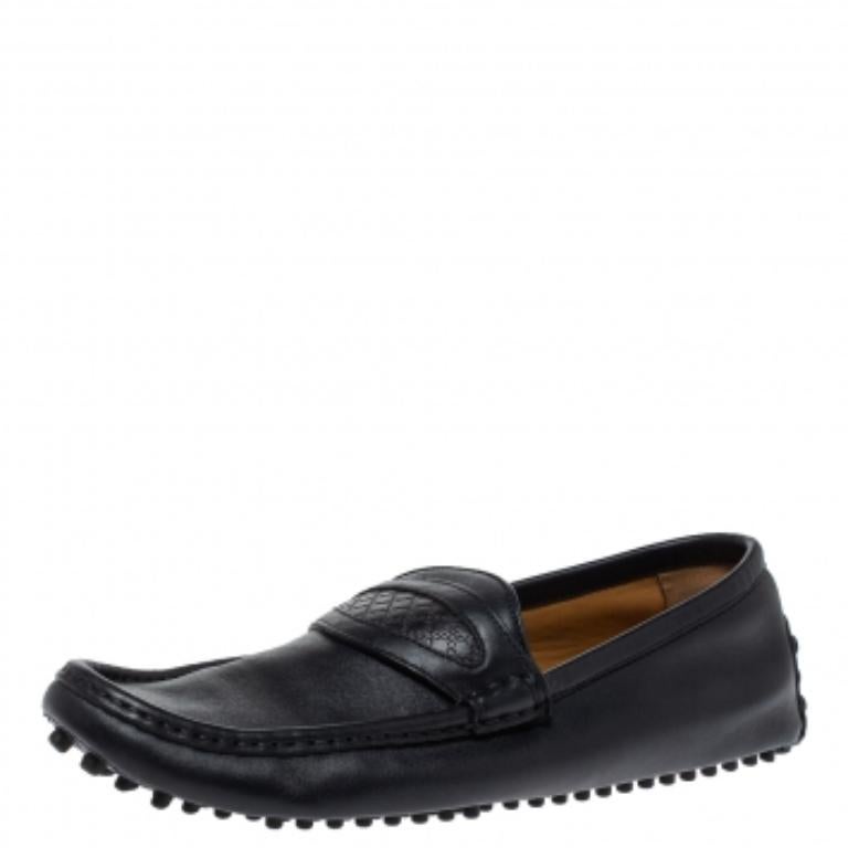 Black Gucci Dark Blue Leather Slip On Loafers Size 42.5 For Sale
