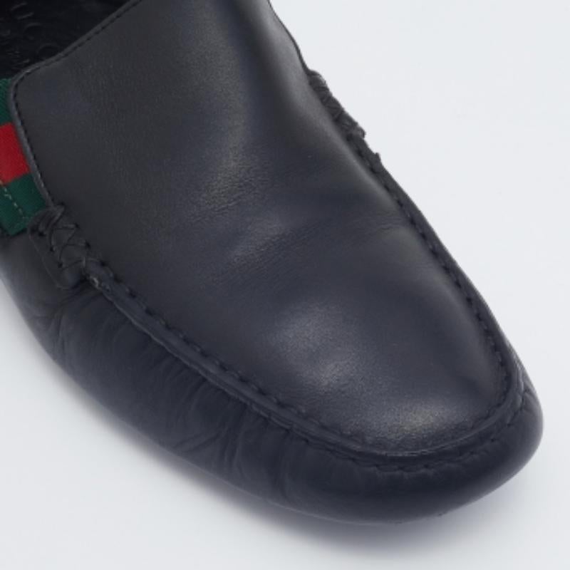 Black Gucci Dark Blue Leather Web Slip On Loafers Size 41.5 For Sale