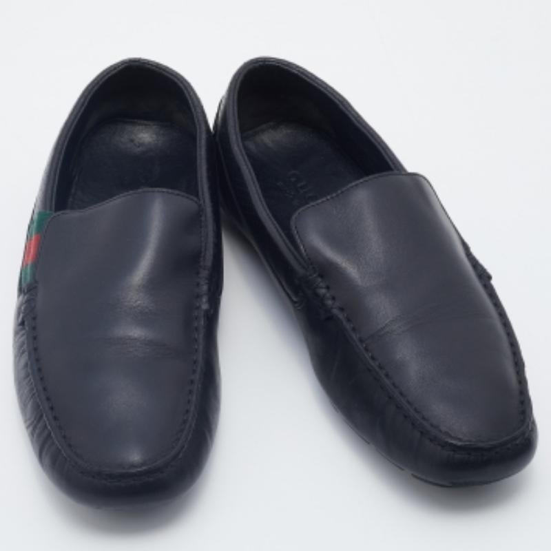 Men's Gucci Dark Blue Leather Web Slip On Loafers Size 41.5 For Sale