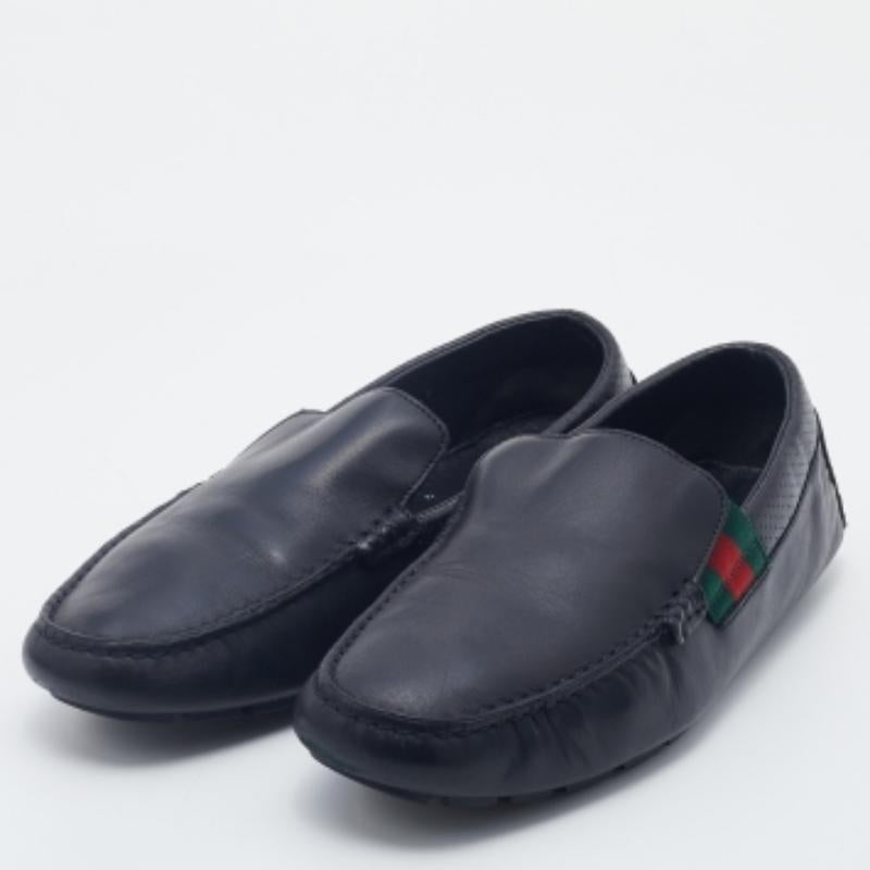 Gucci Dark Blue Leather Web Slip On Loafers Size 41.5 For Sale 1