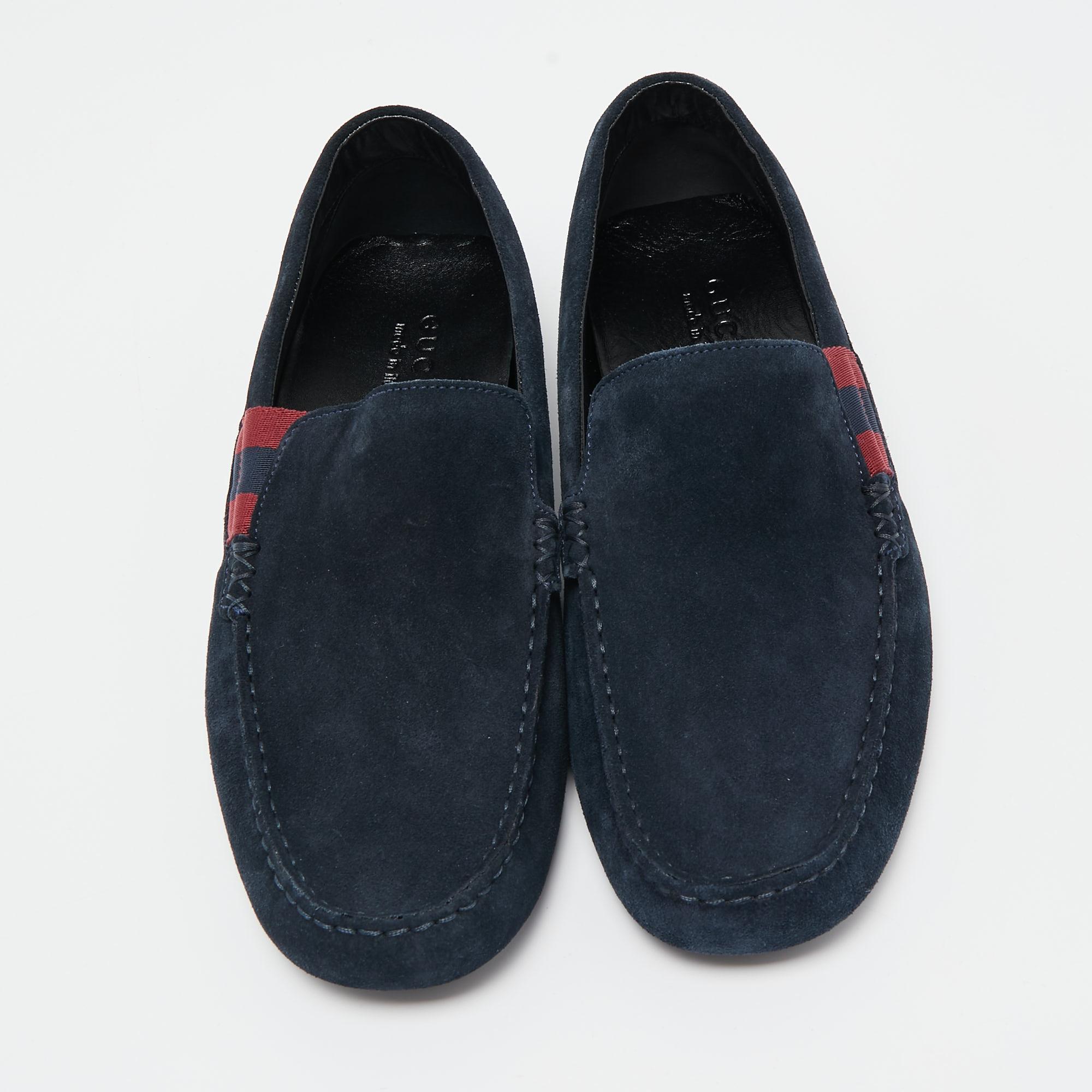 Men's Gucci Dark Blue Suede Web Detail Loafers Size 41.5