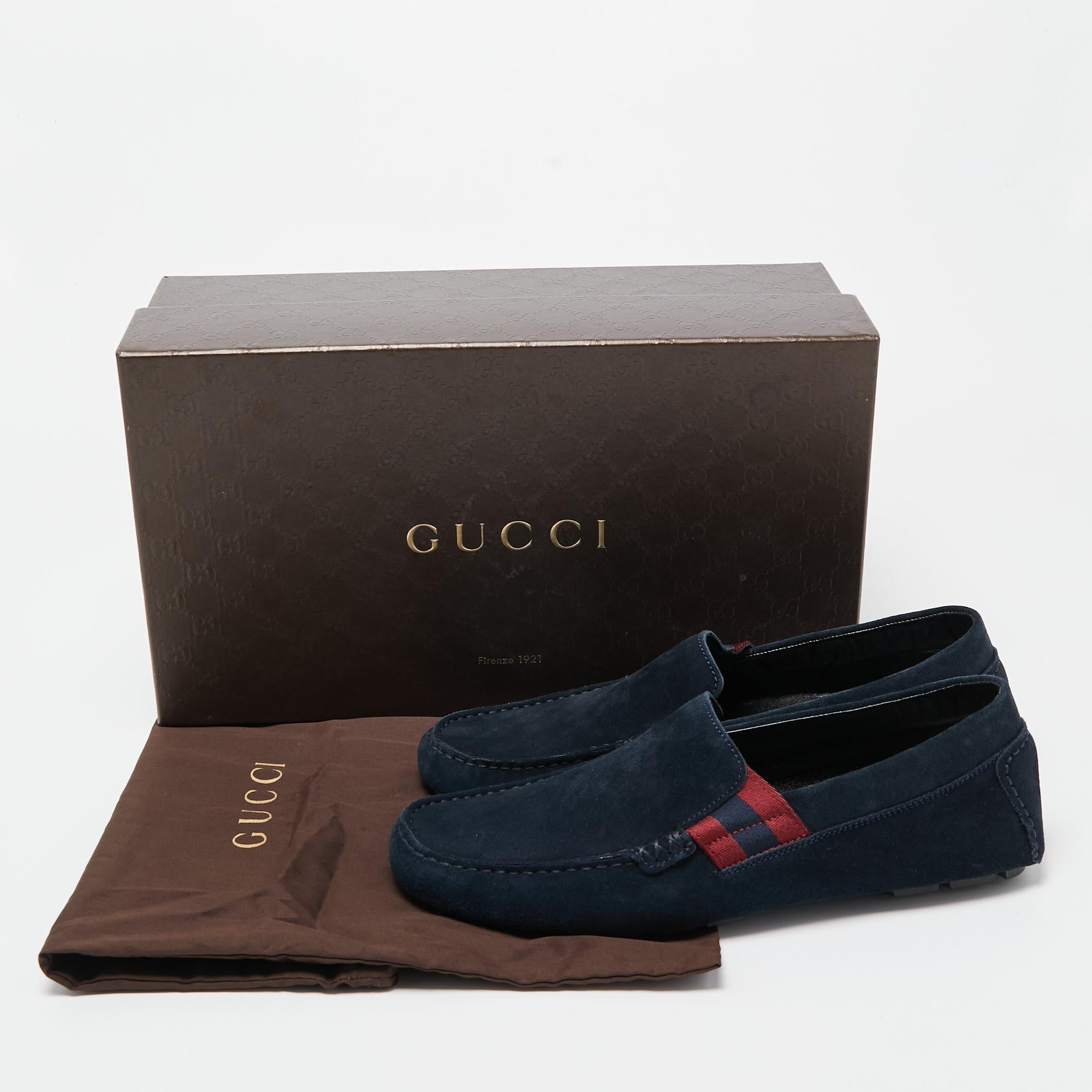 Gucci Dark Blue Suede Web Detail Loafers Size 41.5 5