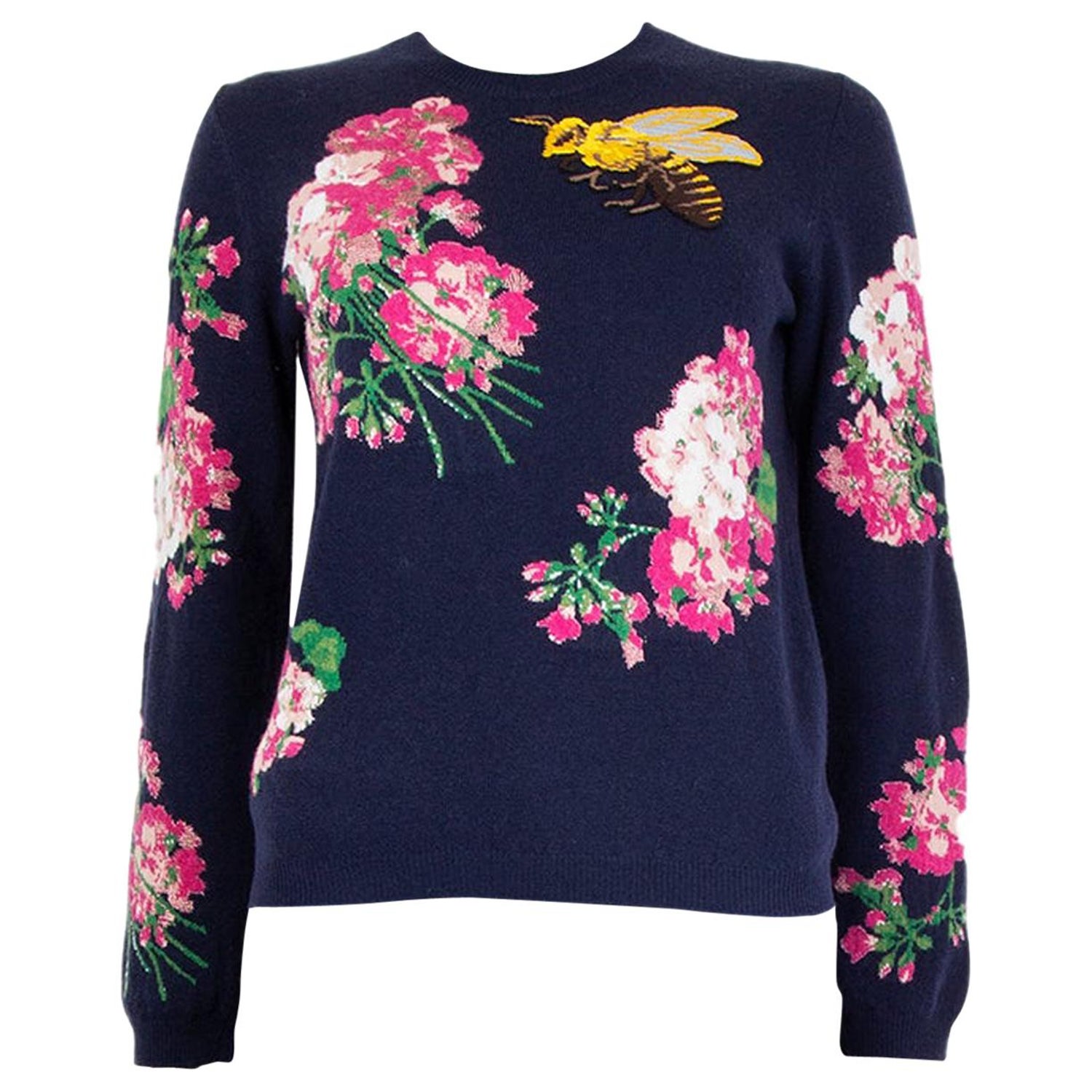 GUCCI dark blue wool EMBROIDERED FLORAL JACQUARD Sweater S at 1stDibs