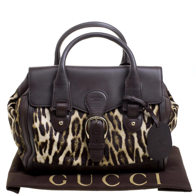 Gucci Dark Brown Animal Print Calf Hair and Leather Heritage Boston Bag 4