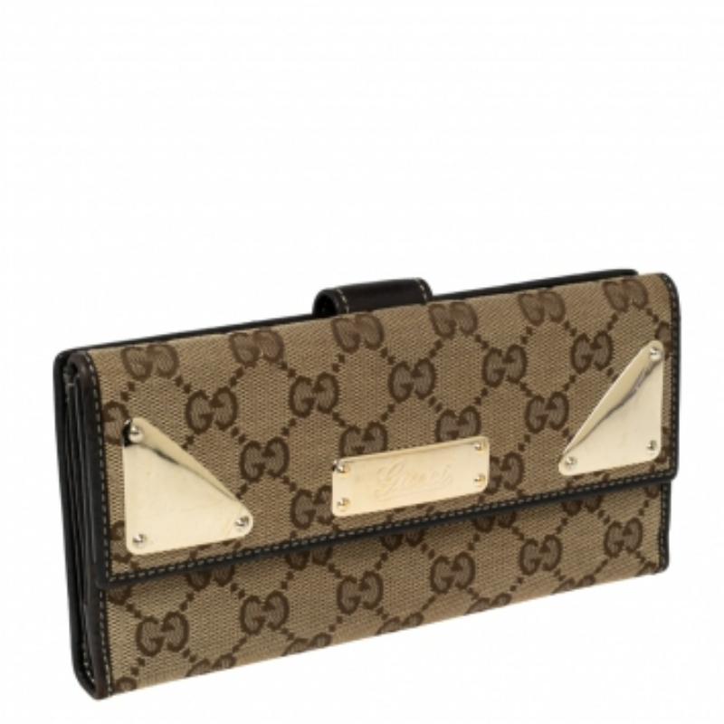 Gucci Dark Brown/Beige GG Canvas and Leather Indy Continental Wallet For Sale 5