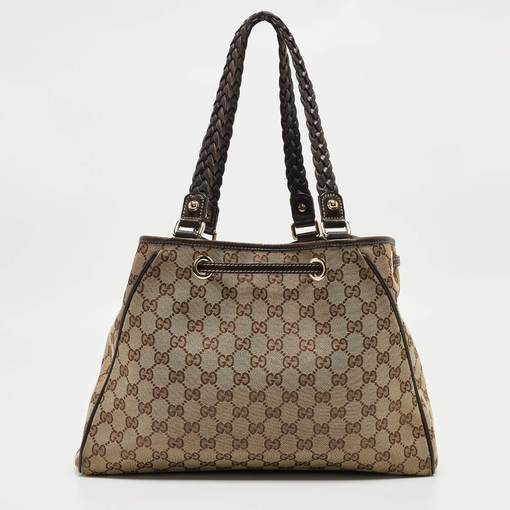 Women's Gucci Dark Brown/Beige GG Canvas and Leather Medium Peggy Shoulder Bag For Sale