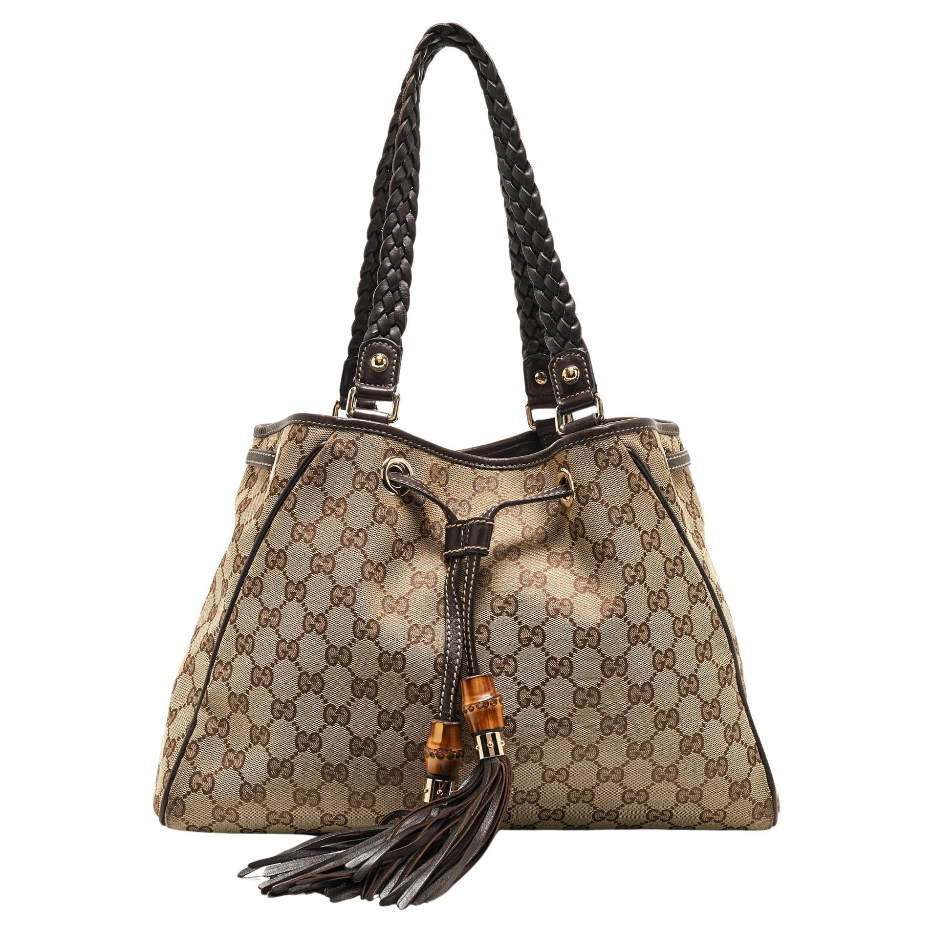 Gucci Dark Brown/Beige GG Canvas and Leather Medium Peggy Shoulder Bag For Sale