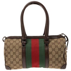 Gucci Dark Brown/Beige GG Canvas and Leather Web Boston Bag