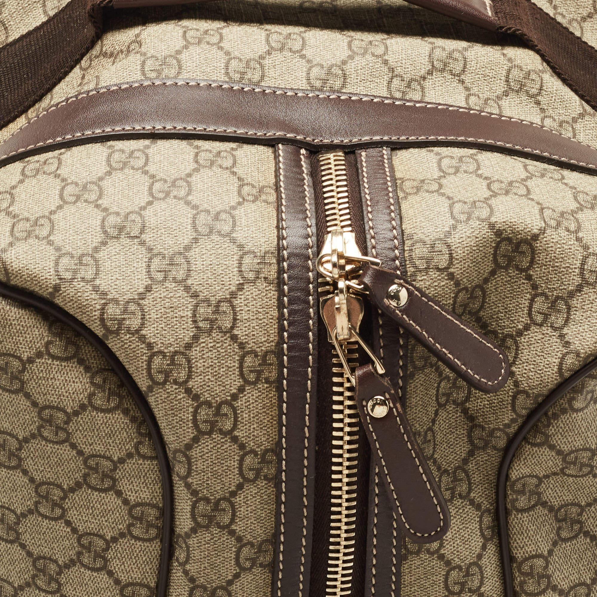 Gucci Dark Brown/Beige GG Supreme Canvas 2 Wheel Duffle Luggage Bag 6