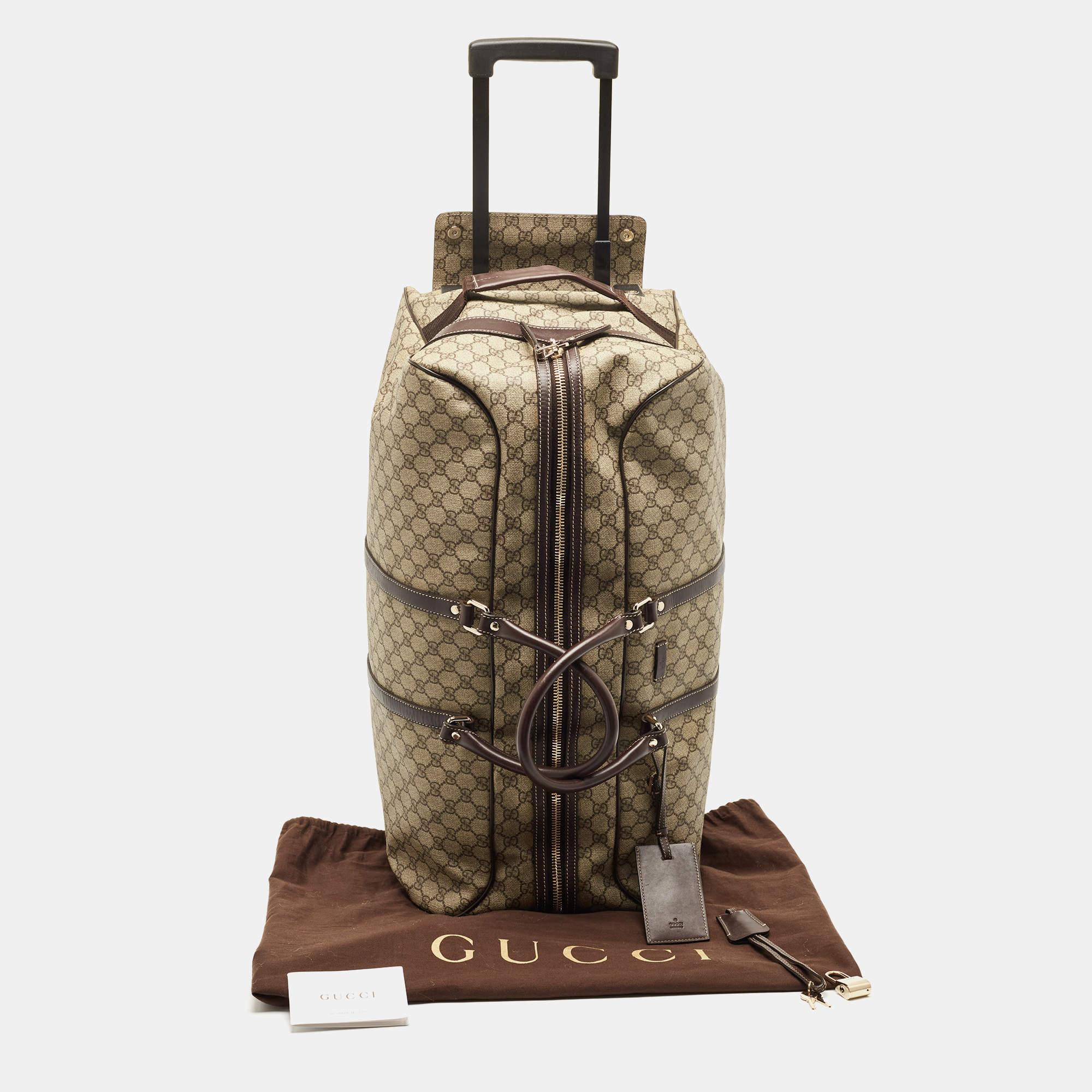 Gucci Dark Brown/Beige GG Supreme Canvas 2 Wheel Duffle Luggage Bag 10
