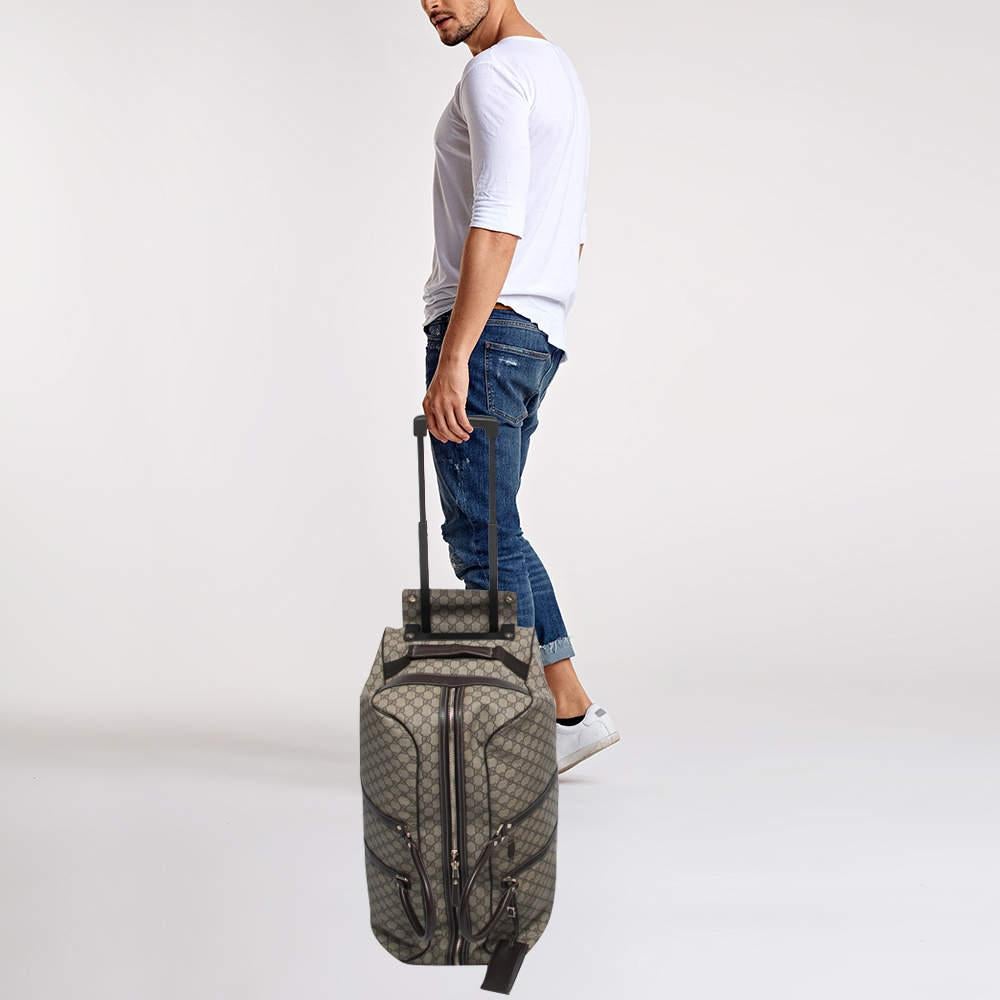 Gucci Dark Brown/Beige GG Supreme Canvas 2 Wheel Duffle Luggage Bag 11