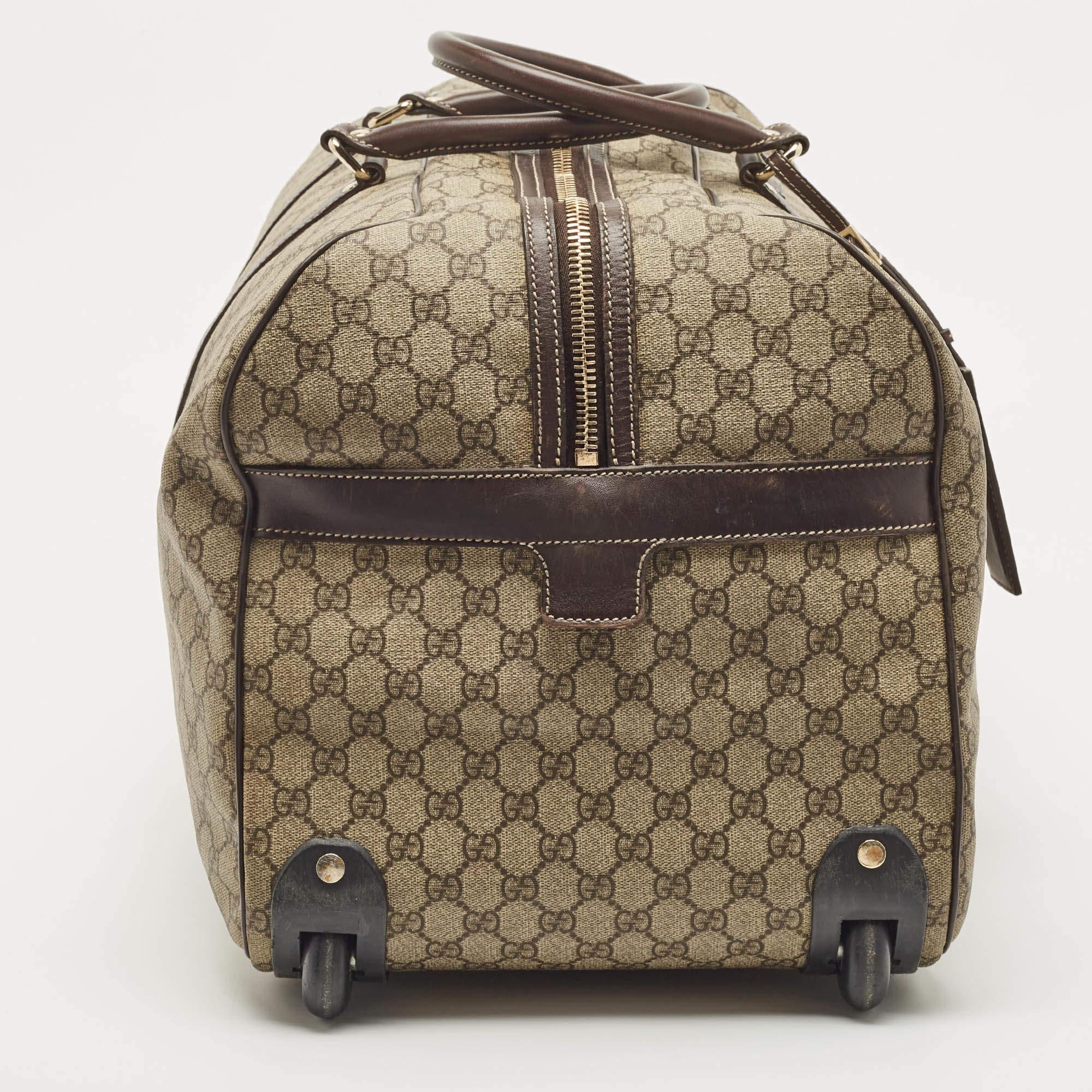 Men's Gucci Dark Brown/Beige GG Supreme Canvas 2 Wheel Duffle Luggage Bag