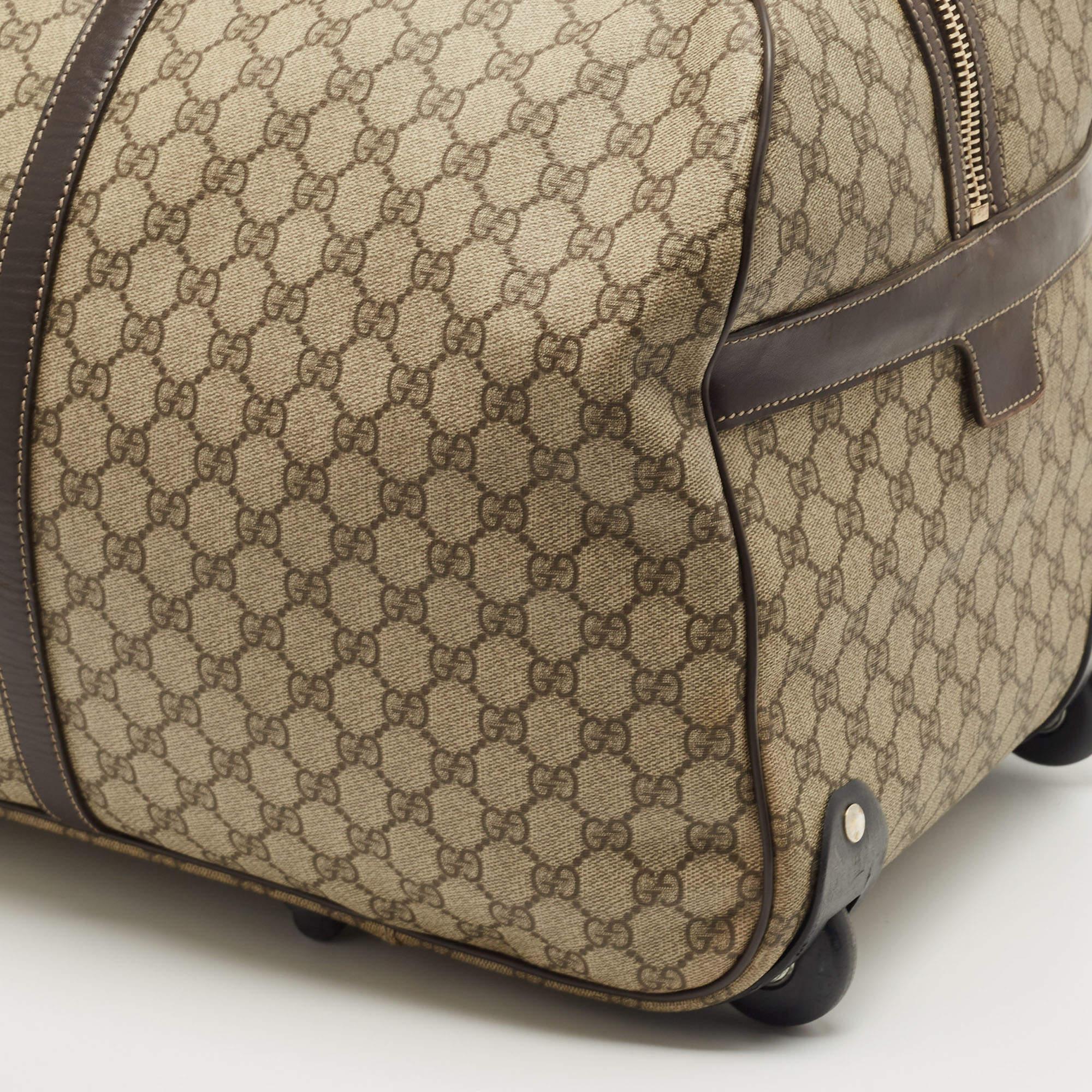 Gucci Dark Brown/Beige GG Supreme Canvas 2 Wheel Duffle Luggage Bag 2