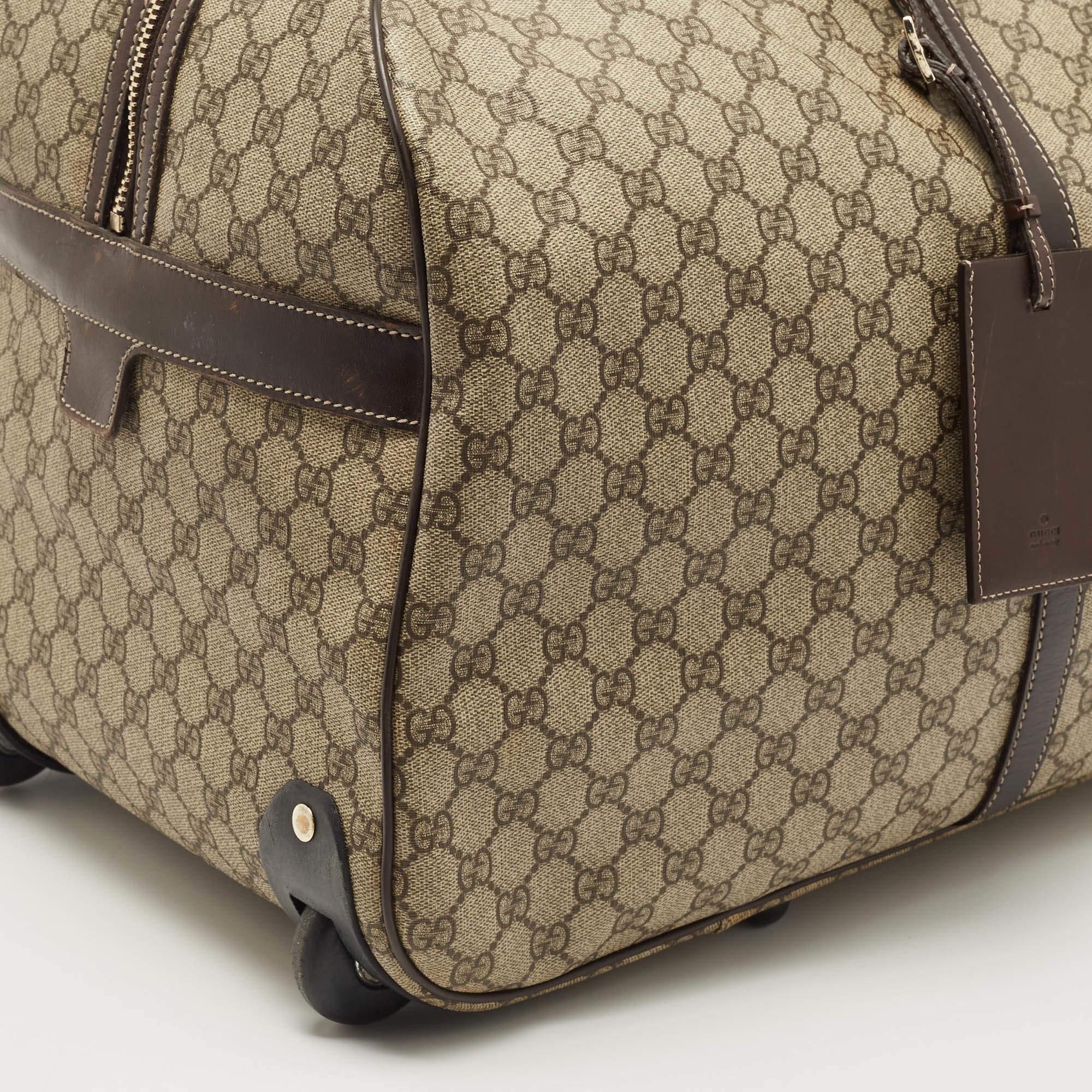 Gucci Dark Brown/Beige GG Supreme Canvas 2 Wheel Duffle Luggage Bag 3
